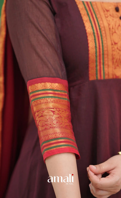 Dark Coffee Brown and Reddish Maroon Cotton Anarkali - Anarkalis