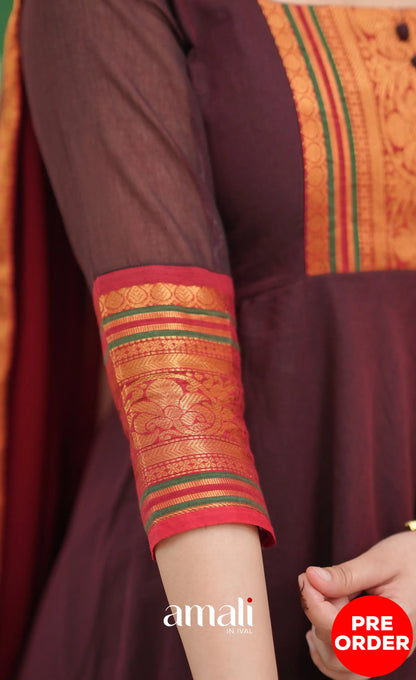 Dark Coffee Brown and Reddish Maroon Cotton Anarkali - Anarkalis