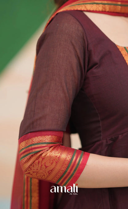 Dark Coffee Brown and Reddish Maroon Cotton Anarkali - Anarkalis