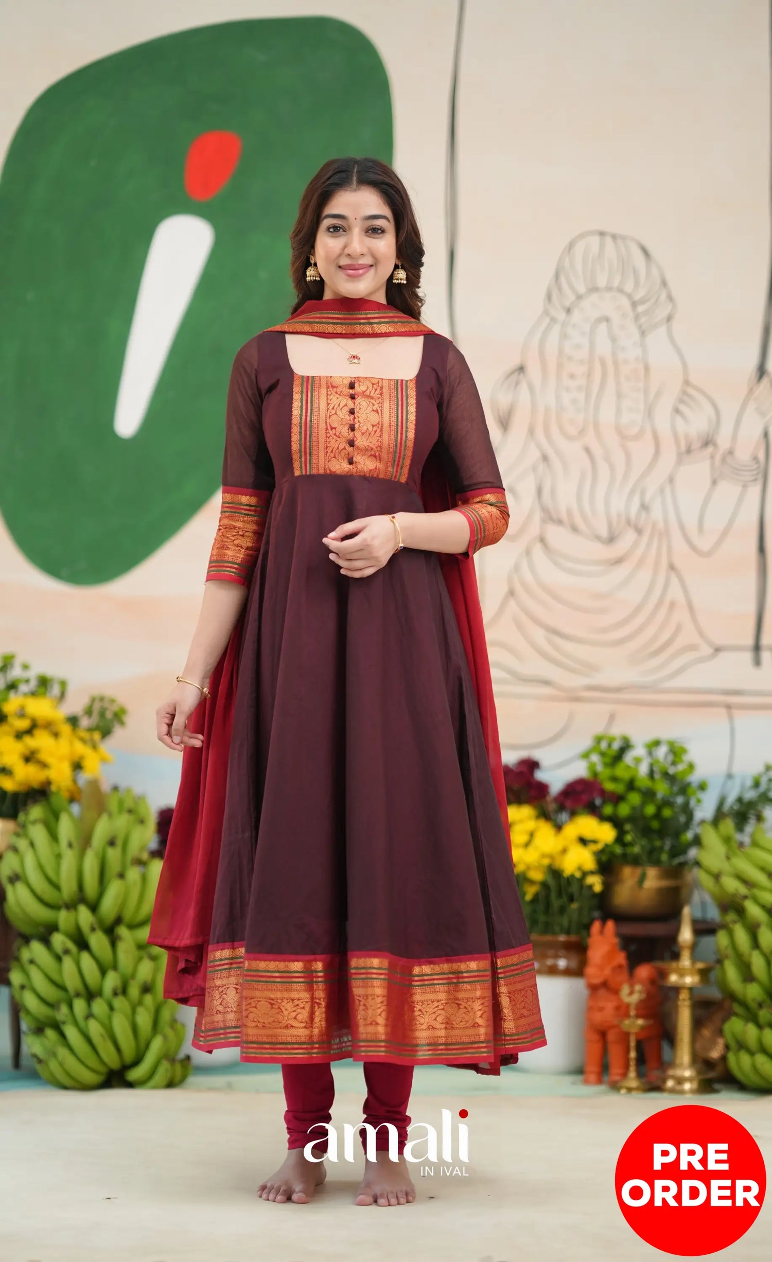Dark Coffee Brown and Reddish Maroon Cotton Anarkali - Anarkalis