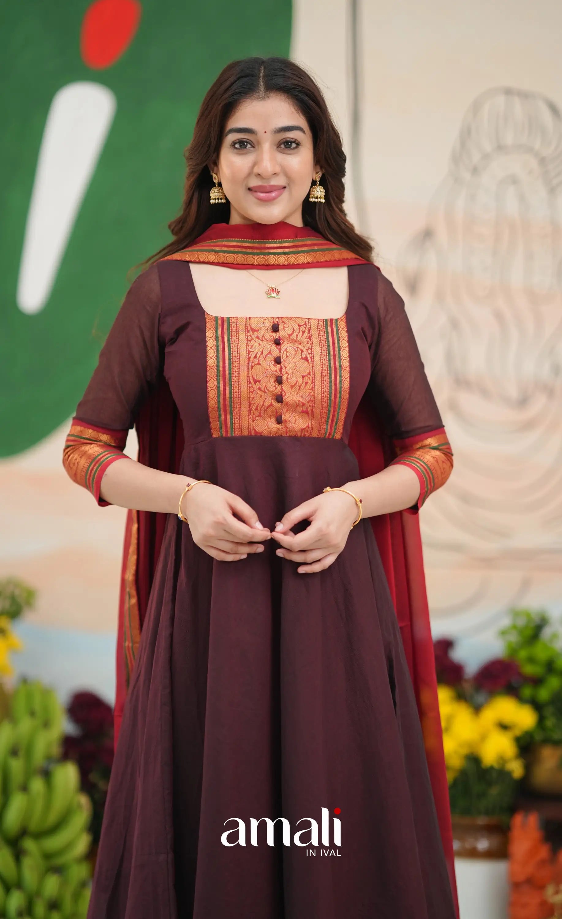 Dark Coffee Brown and Reddish Maroon Cotton Anarkali - Anarkalis
