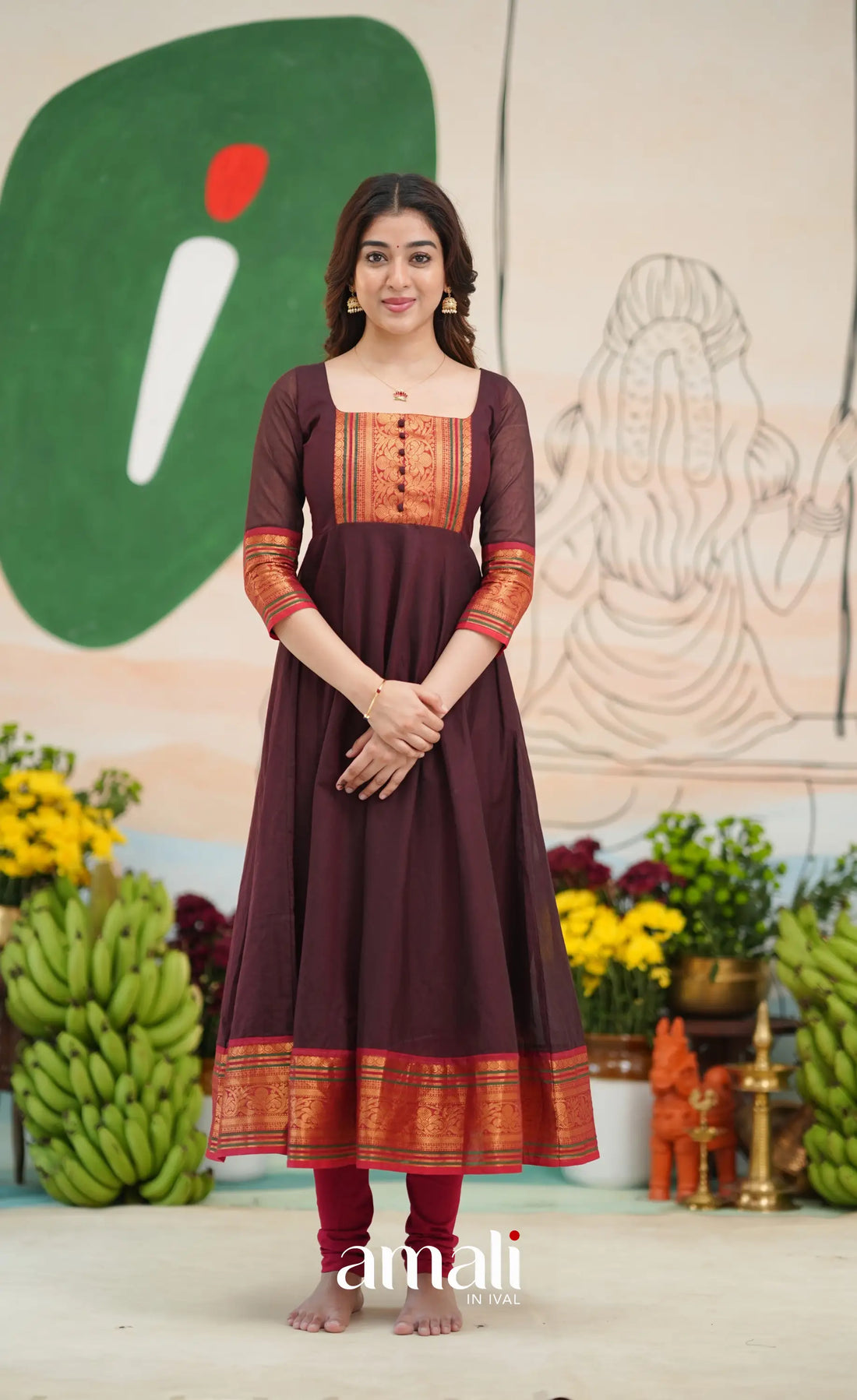 Dark Coffee Brown and Reddish Maroon Cotton Anarkali - Anarkalis