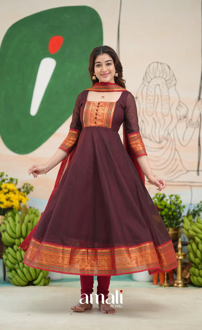 Dark Coffee Brown and Reddish Maroon Cotton Anarkali - Anarkalis