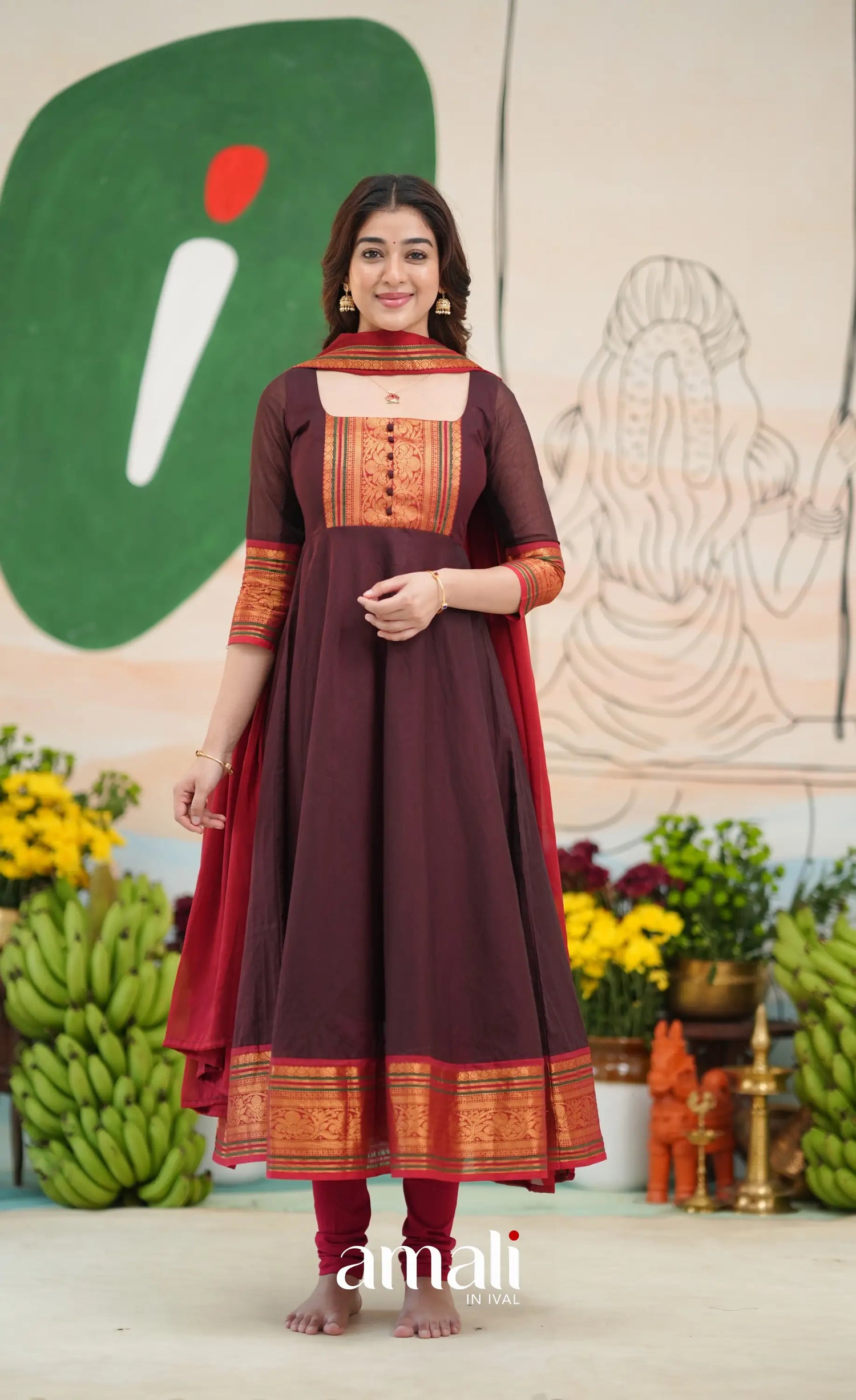 Dark Coffee Brown and Reddish Maroon Cotton Anarkali - Anarkalis