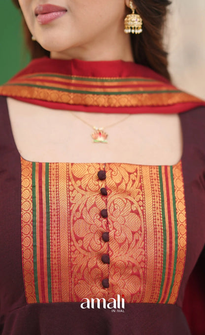 Dark Coffee Brown and Reddish Maroon Cotton Anarkali - Anarkalis