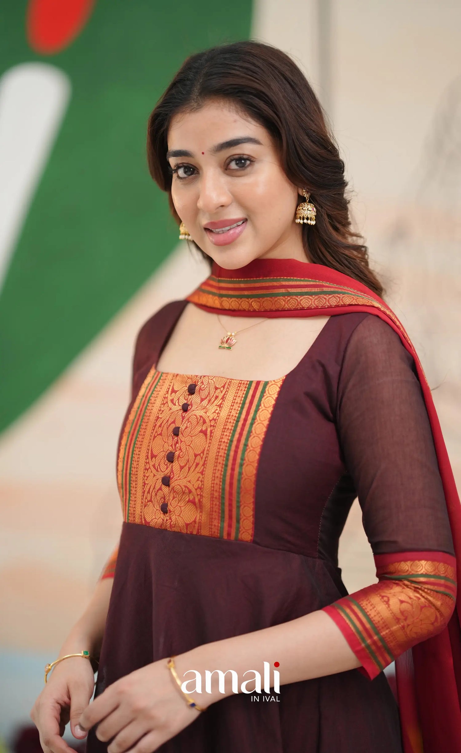 Dark Coffee Brown and Reddish Maroon Cotton Anarkali - Anarkalis