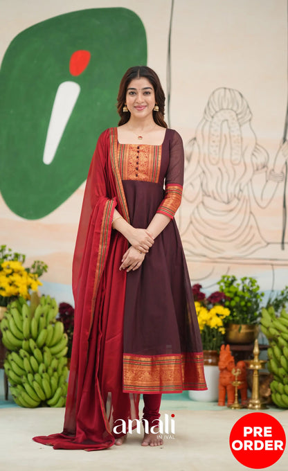 Dark Coffee Brown and Reddish Maroon Cotton Anarkali - Anarkalis