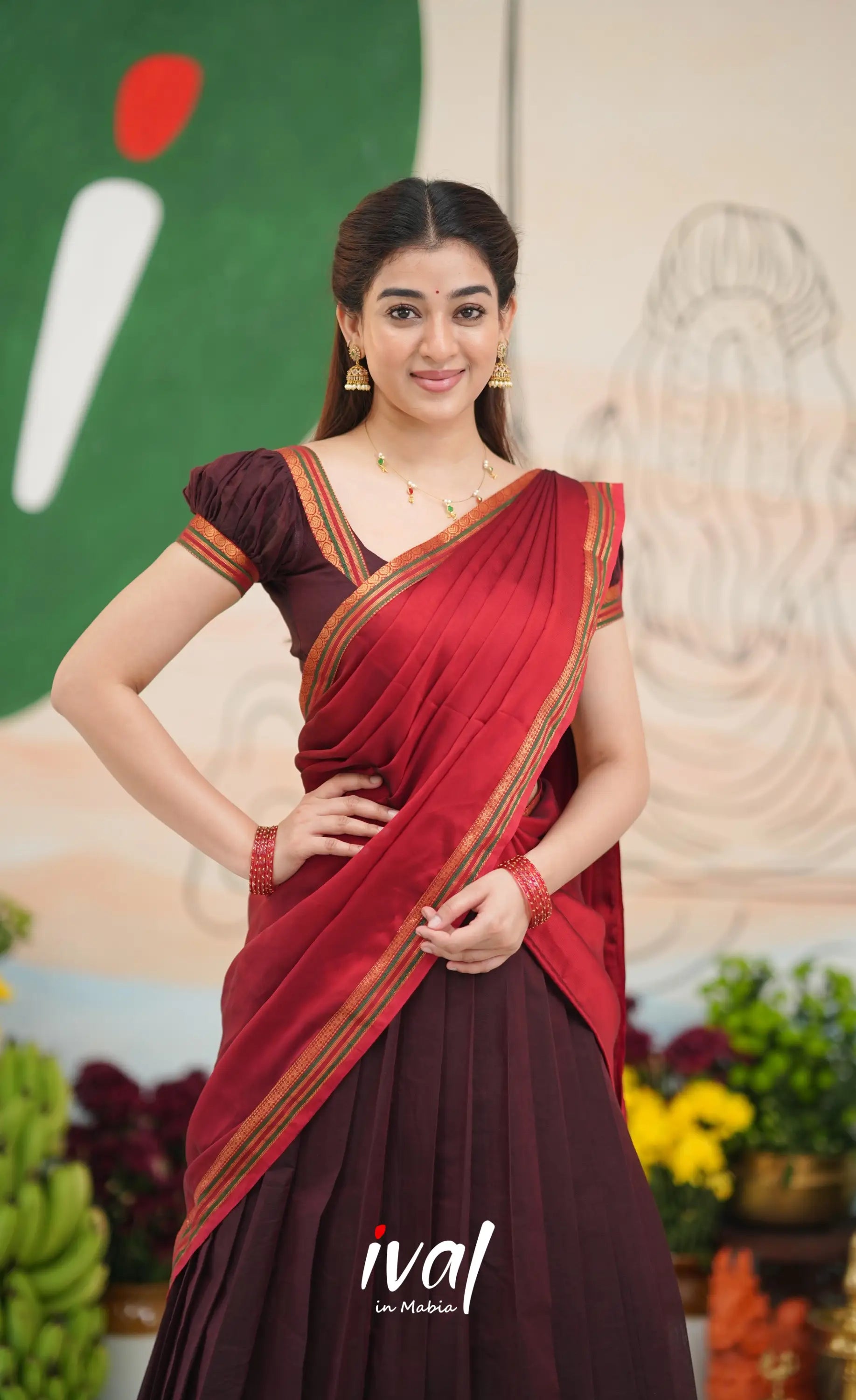 Dark Coffee Brown and Reddish Maroon Cotton Halfsaree - Half Sarees