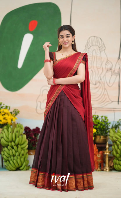 Dark Coffee Brown and Reddish Maroon Cotton Halfsaree - Half Sarees