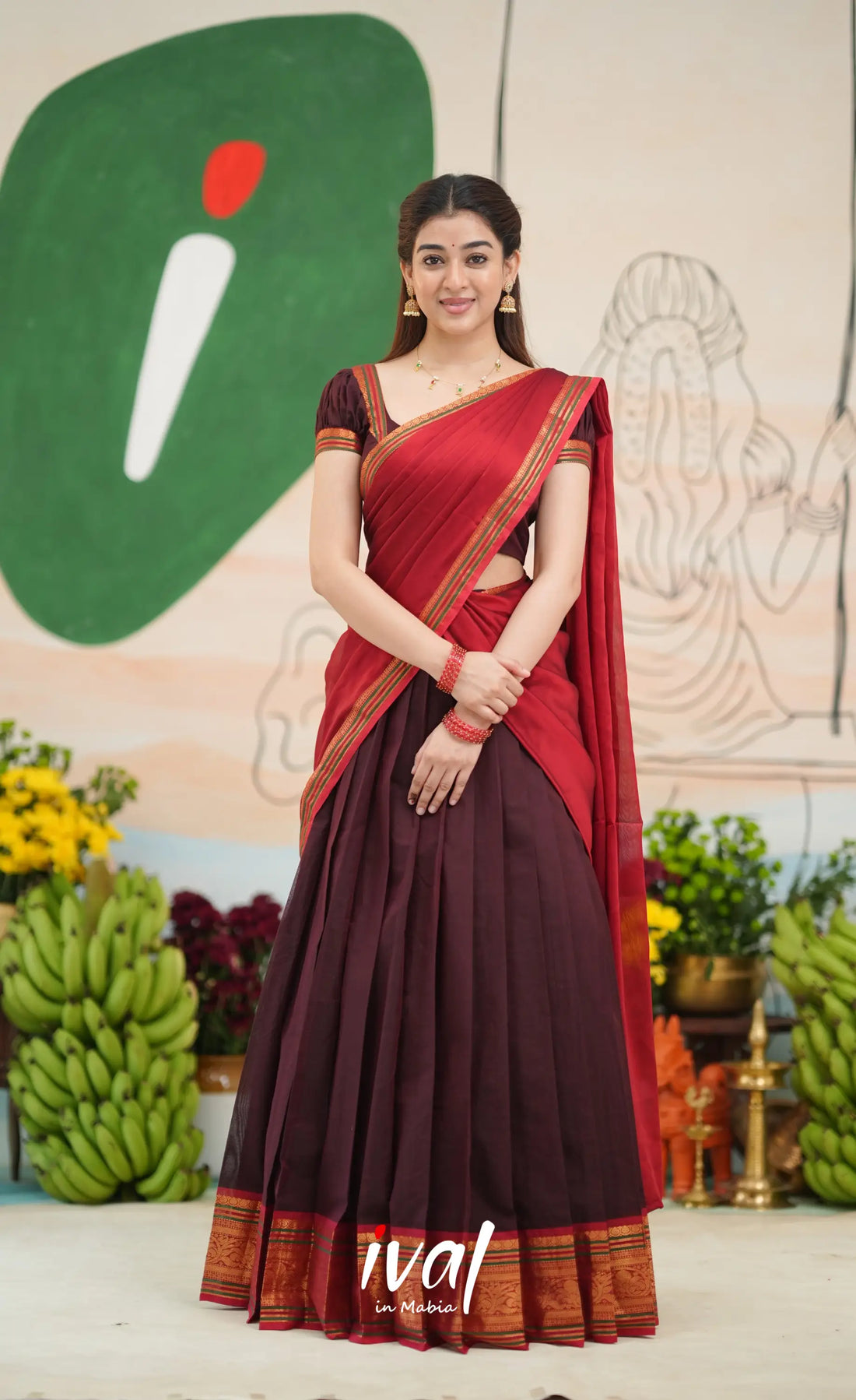 Dark Coffee Brown and Reddish Maroon Cotton Halfsaree - Half Sarees