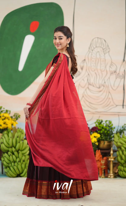 Dark Coffee Brown and Reddish Maroon Cotton Halfsaree - Half Sarees