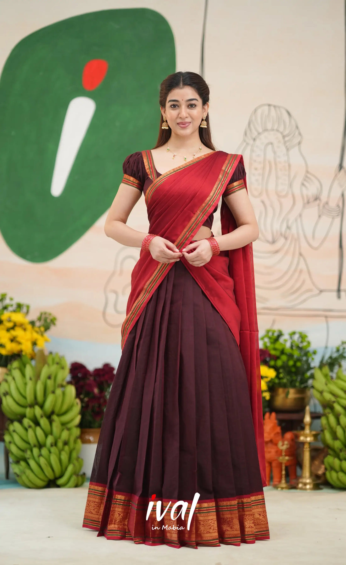 Dark Coffee Brown and Reddish Maroon Cotton Halfsaree - Half Sarees