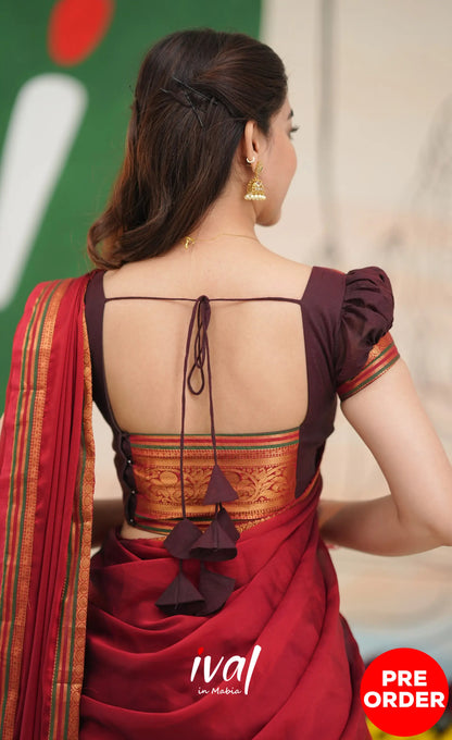 Dark Coffee Brown and Reddish Maroon Cotton Halfsaree - Half Sarees