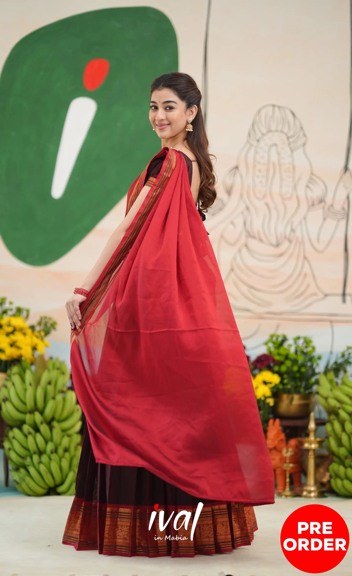 Dark Coffee Brown and Reddish Maroon Cotton Halfsaree - Half Sarees