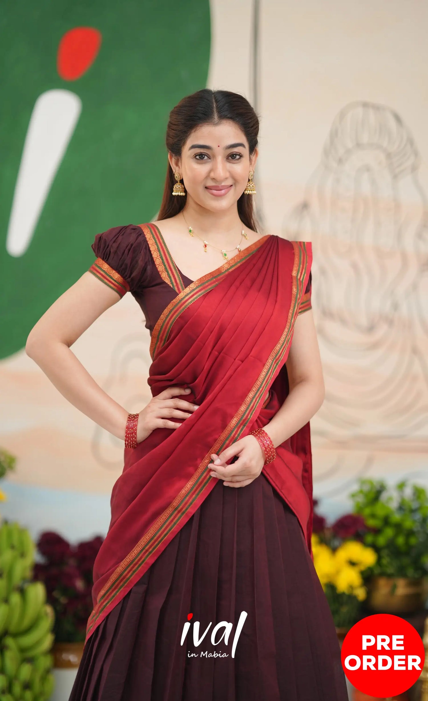 Dark Coffee Brown and Reddish Maroon Cotton Halfsaree - Half Sarees
