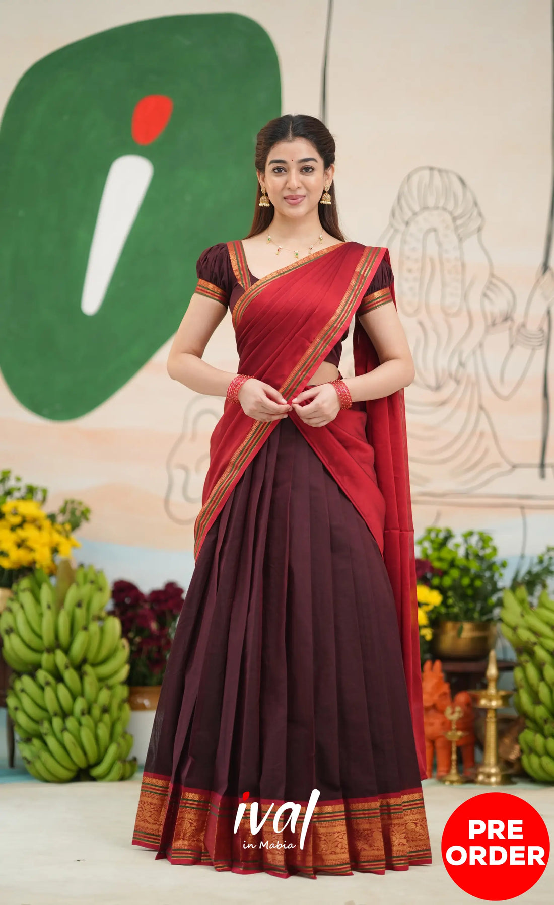 Dark Coffee Brown and Reddish Maroon Cotton Halfsaree - Half Sarees