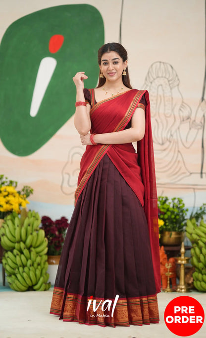 Dark Coffee Brown and Reddish Maroon Cotton Halfsaree - Half Sarees