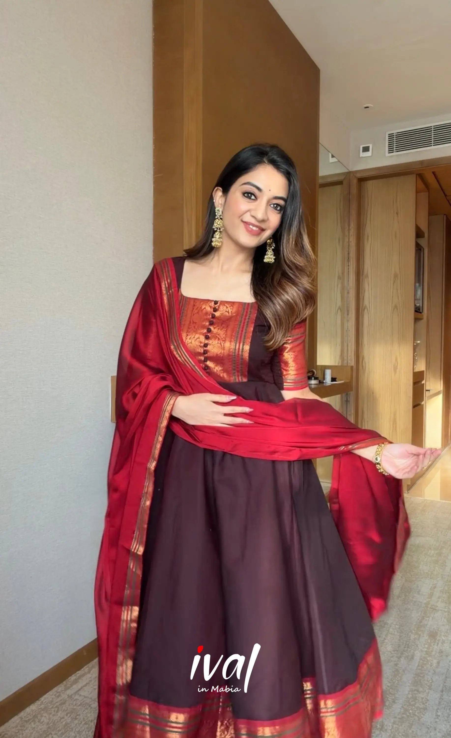 Dark Coffee Brown and Reddish Maroon Cotton Stretchable Anarkali - Anarkalis