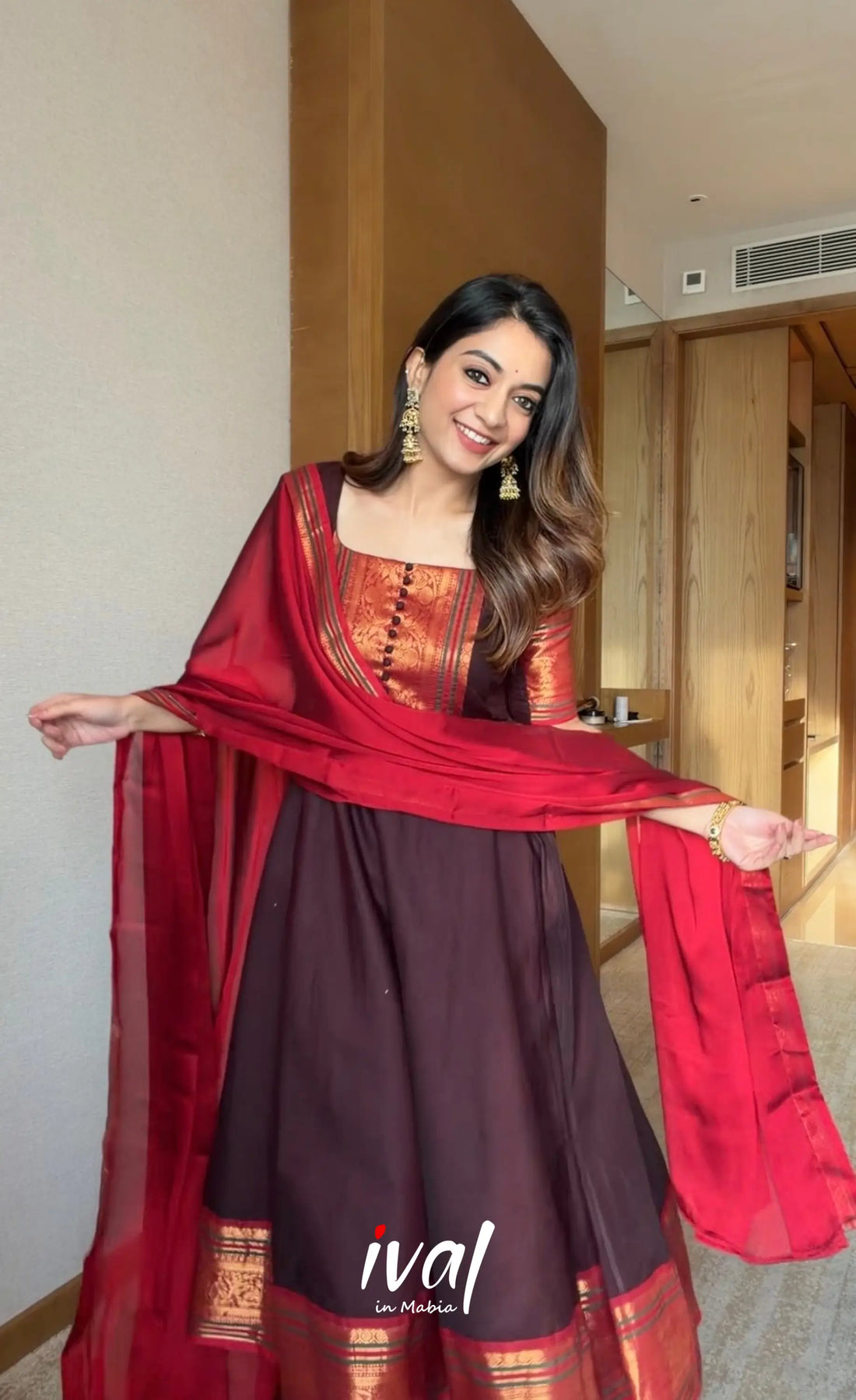 Dark Coffee Brown and Reddish Maroon Cotton Stretchable Anarkali - Anarkalis