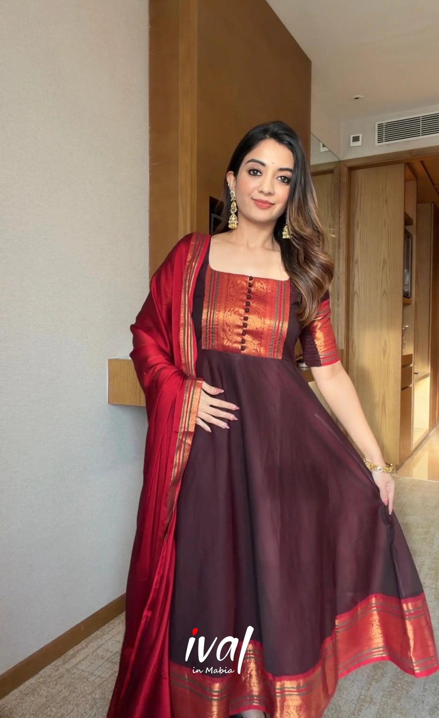 Dark Coffee Brown and Reddish Maroon Cotton Stretchable Anarkali - Anarkalis