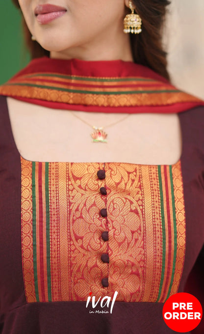 Dark Coffee Brown and Reddish Maroon Cotton Anarkali - Anarkalis