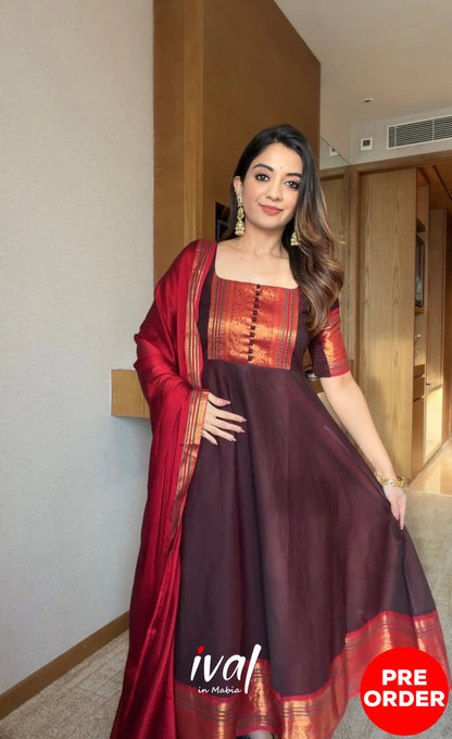 Dark Coffee Brown and Reddish Maroon Cotton Stretchable Anarkali - Anarkalis