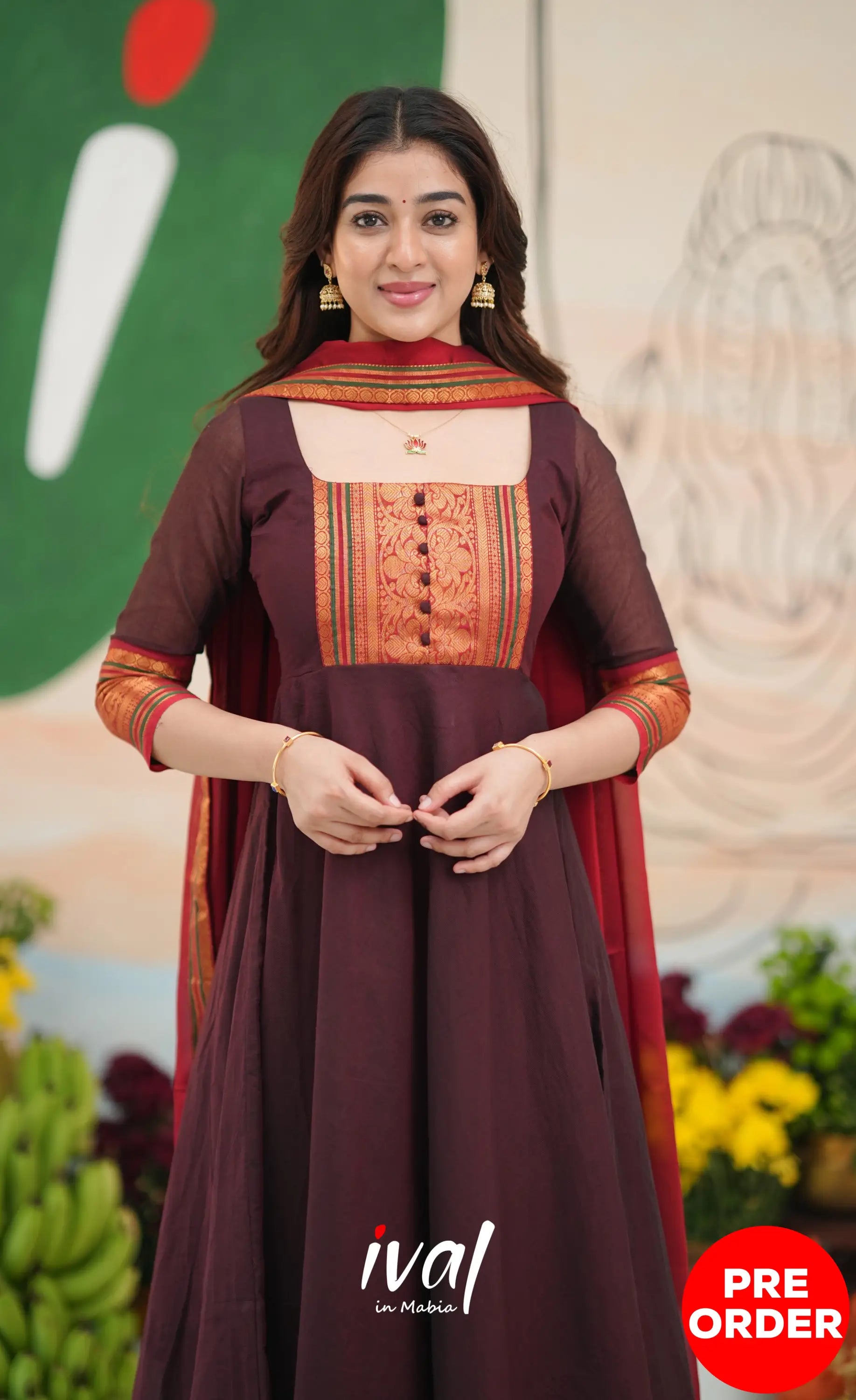Dark Coffee Brown and Reddish Maroon Cotton Anarkali - Anarkalis