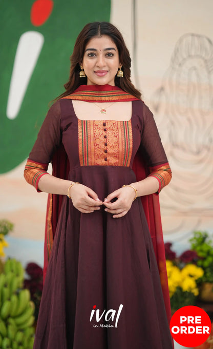 Dark Coffee Brown and Reddish Maroon Cotton Anarkali - Anarkalis