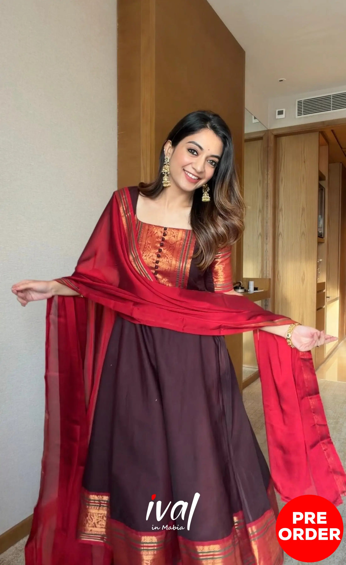 Dark Coffee Brown and Reddish Maroon Cotton Stretchable Anarkali - Anarkalis