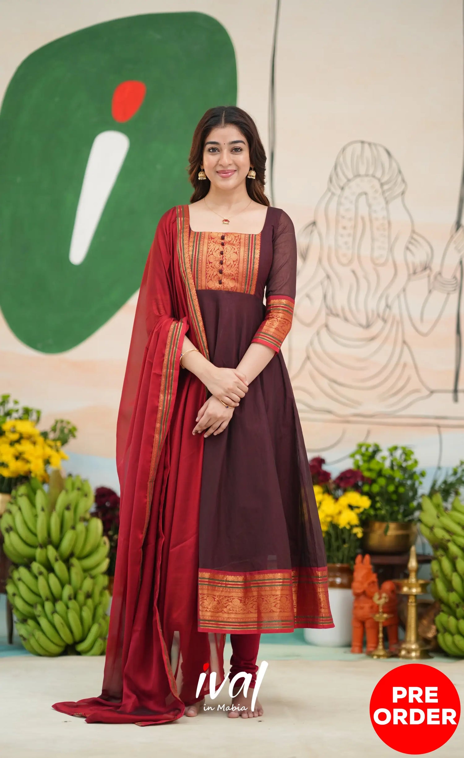 Dark Coffee Brown and Reddish Maroon Cotton Anarkali - Anarkalis