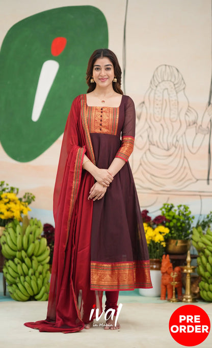 Dark Coffee Brown and Reddish Maroon Cotton Anarkali - Anarkalis