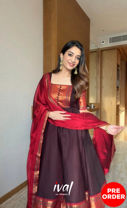 Dark Coffee Brown and Reddish Maroon Cotton Stretchable Anarkali - Anarkalis