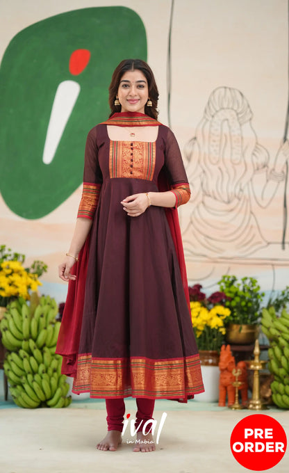 Dark Coffee Brown and Reddish Maroon Cotton Anarkali - Anarkalis