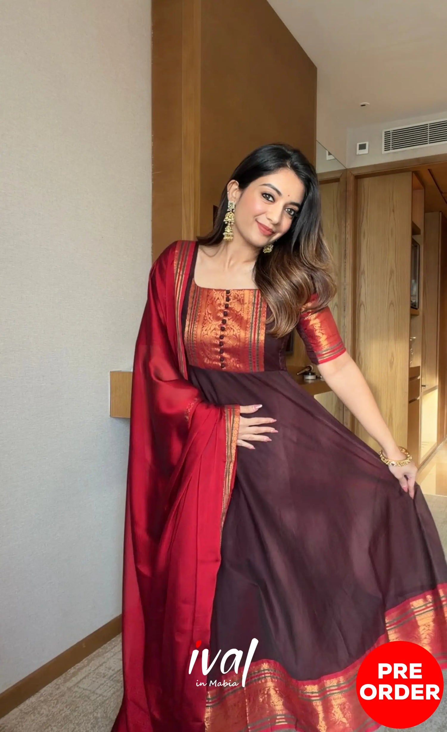 Dark Coffee Brown and Reddish Maroon Cotton Stretchable Anarkali - Anarkalis