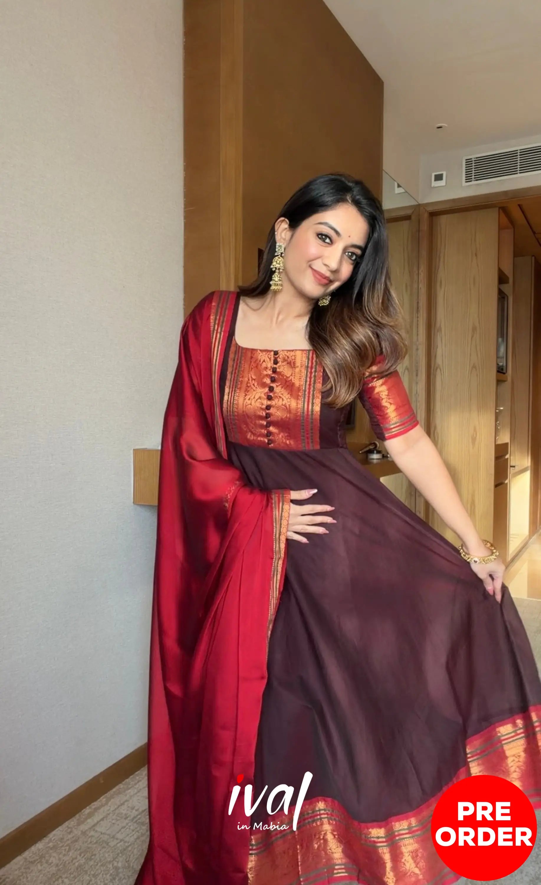 Dark Coffee Brown and Reddish Maroon Cotton Stretchable Anarkali - Anarkalis