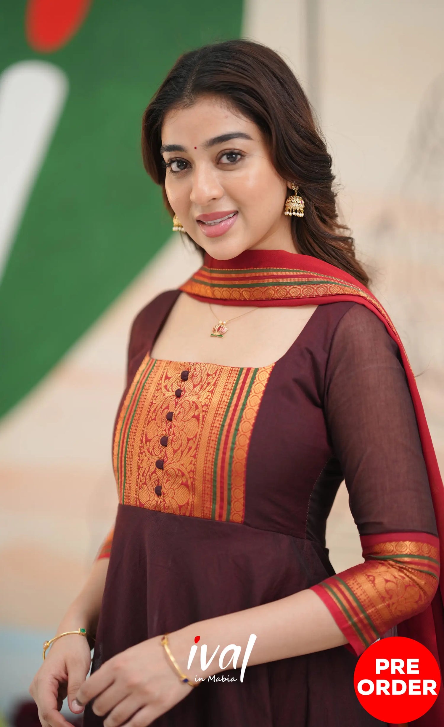 Dark Coffee Brown and Reddish Maroon Cotton Anarkali - Anarkalis