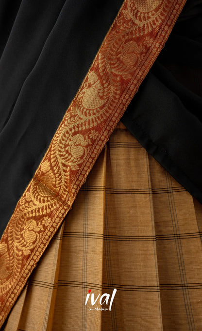 Dark Cream with Black Semi-Stitched Cotton Halfsaree Half Sarees