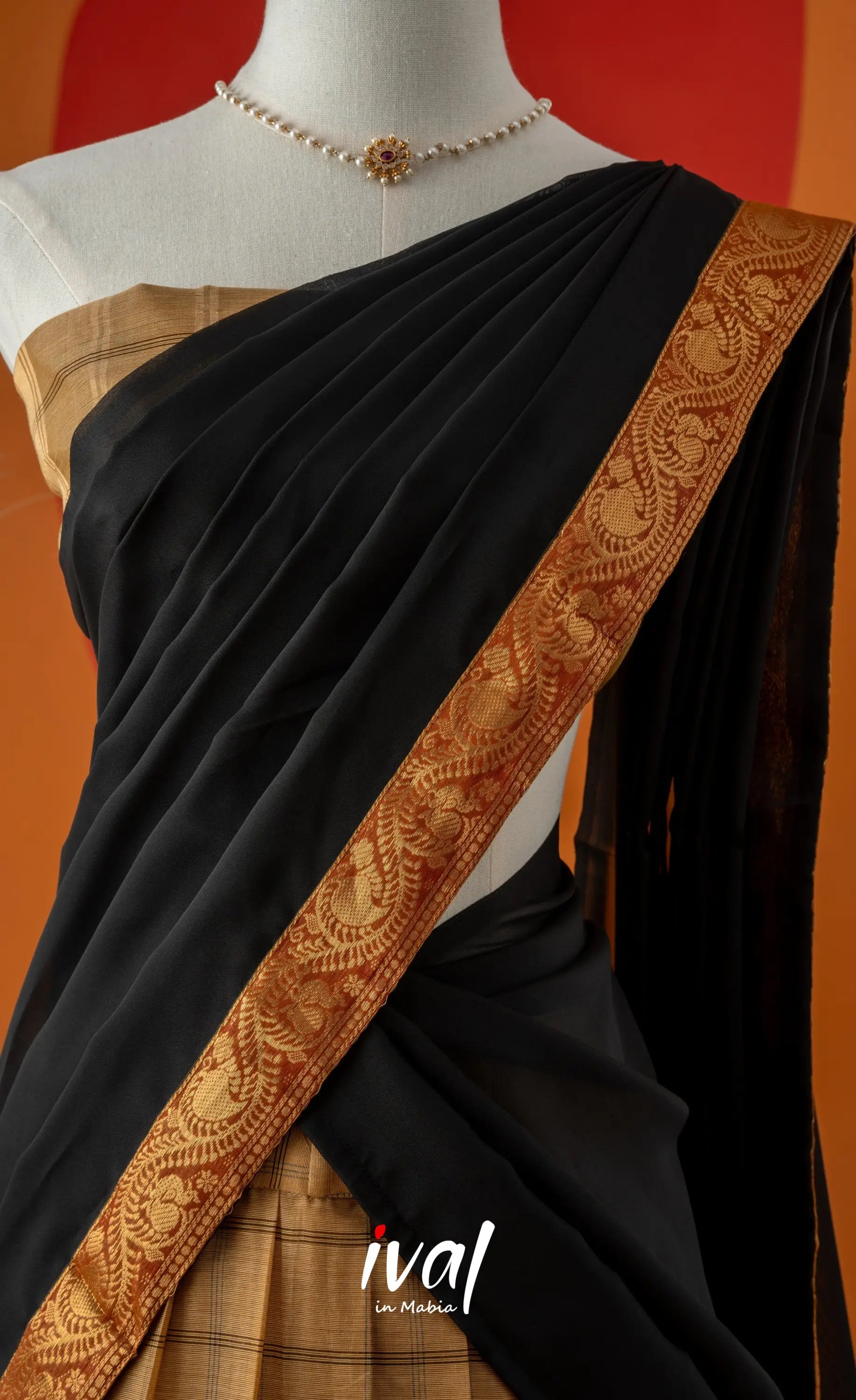 Dark Cream with Black Semi-Stitched Cotton Halfsaree Half Sarees