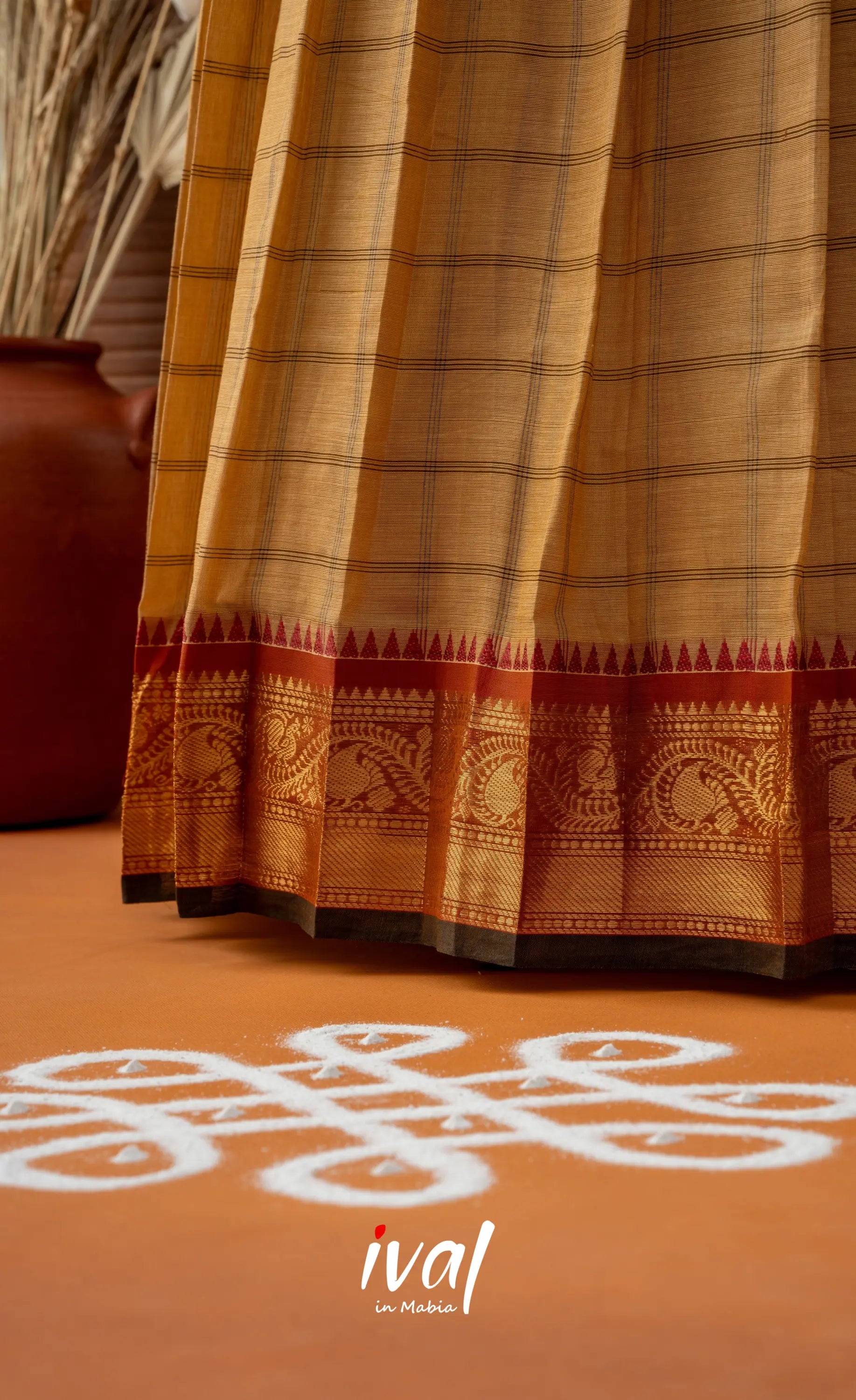 Dark Cream with Black Semi-Stitched Cotton Halfsaree Half Sarees