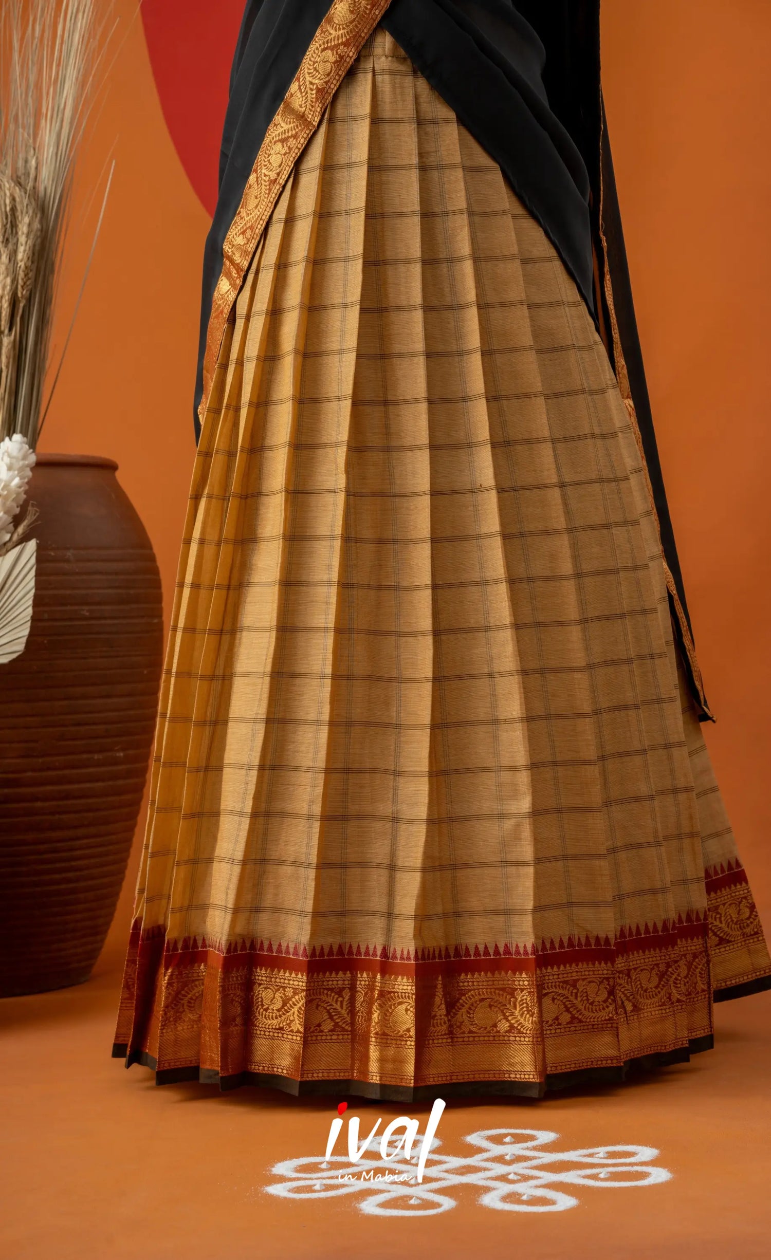Dark Cream with Black Semi-Stitched Cotton Halfsaree Half Sarees