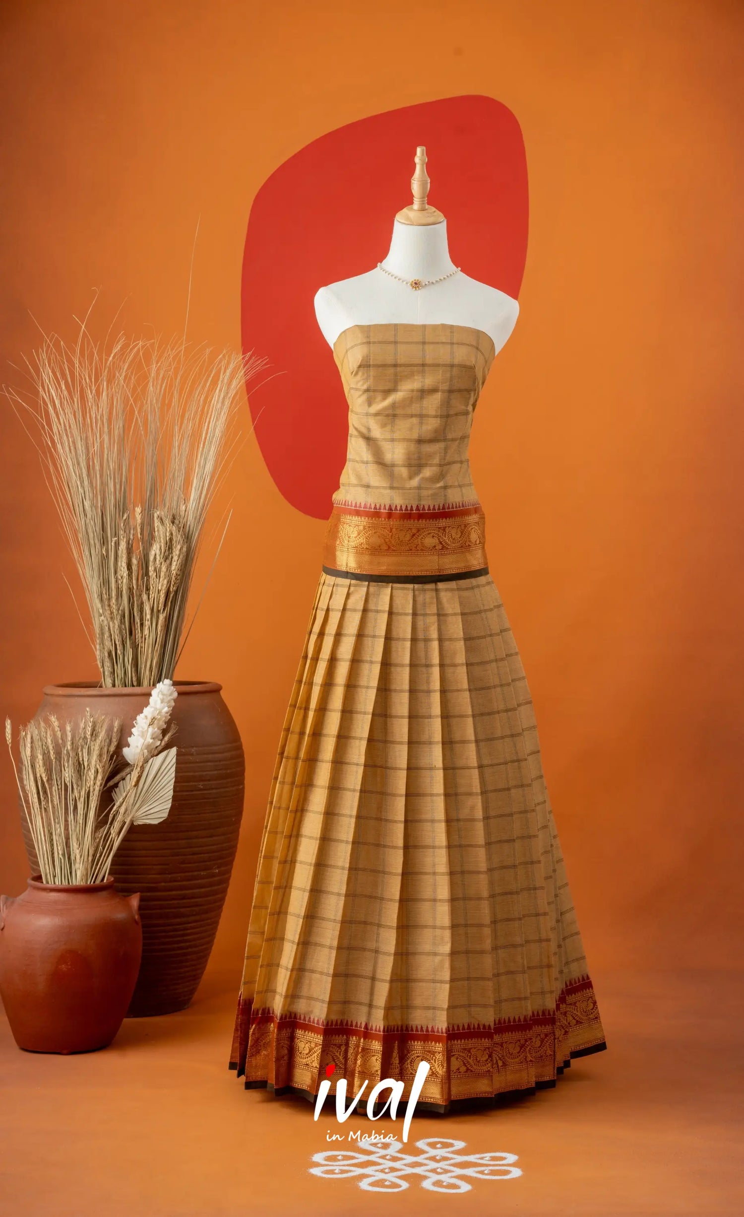 Dark Cream with Black Semi-Stitched Cotton Halfsaree Half Sarees