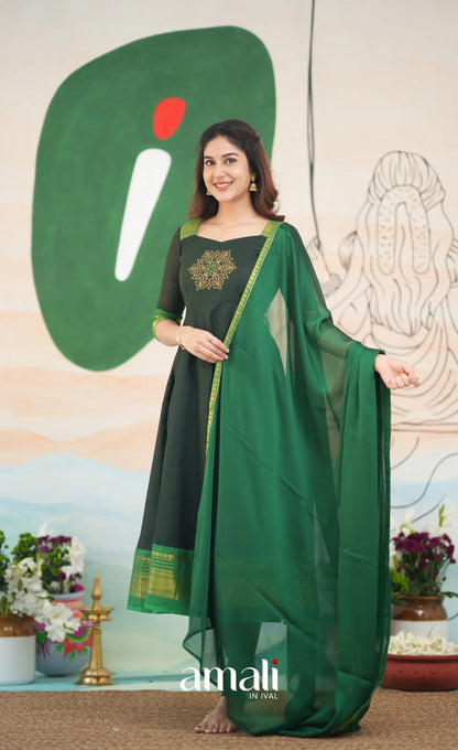 Dark Forest Green and Green Cotton Anarkali Anarkalis