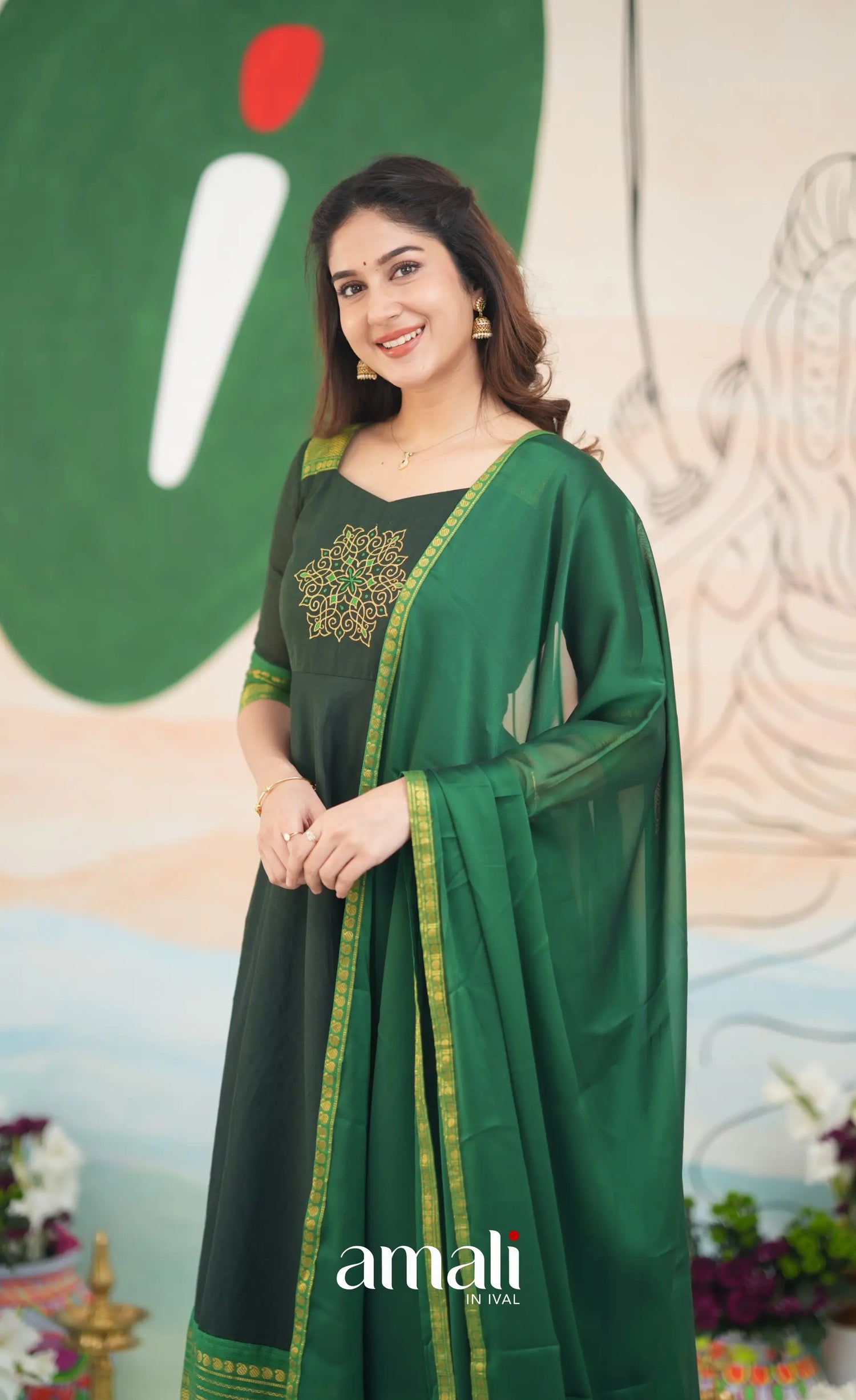 Dark Forest Green and Green Cotton Anarkali Anarkalis
