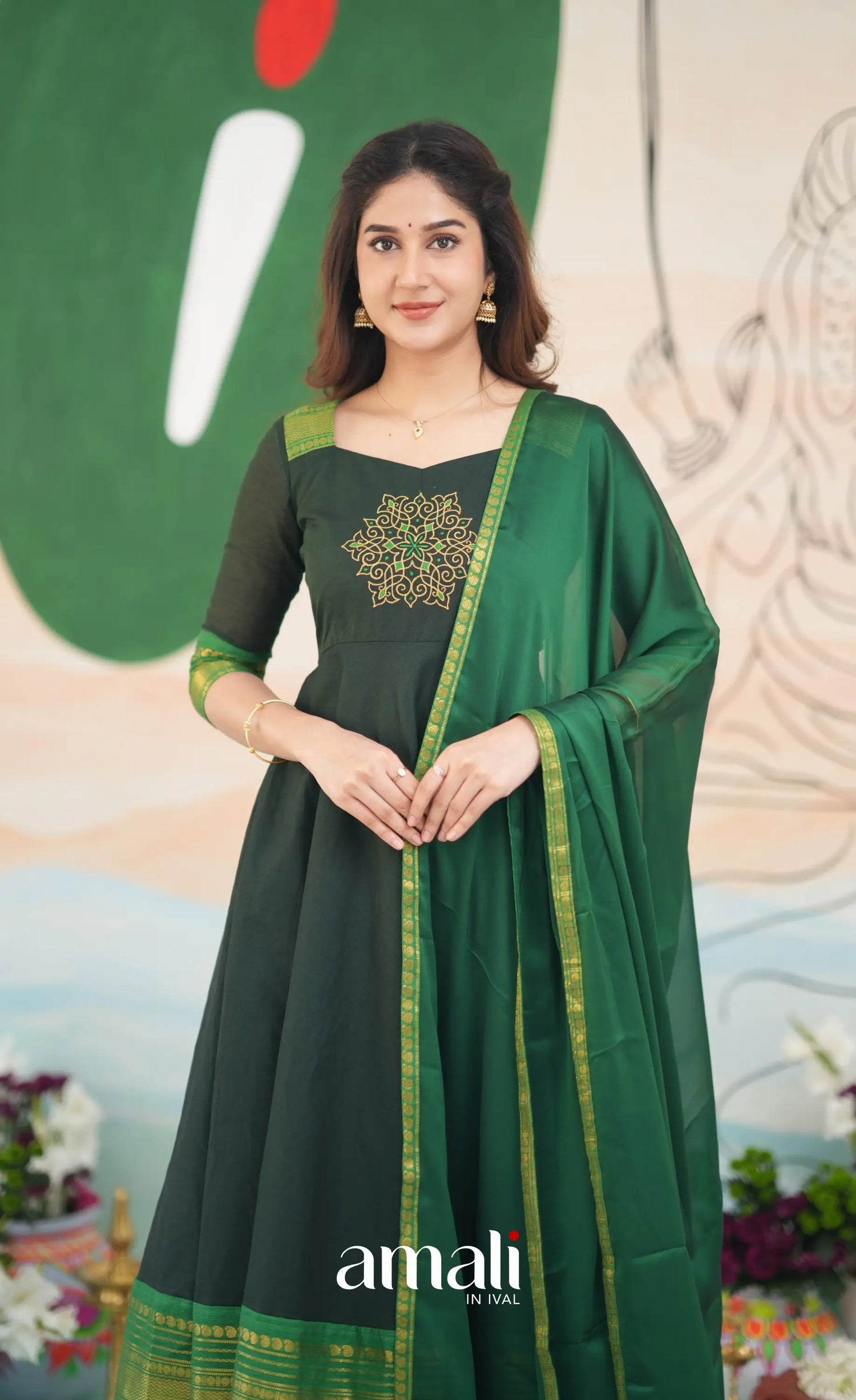 Dark Forest Green and Green Cotton Anarkali Anarkalis