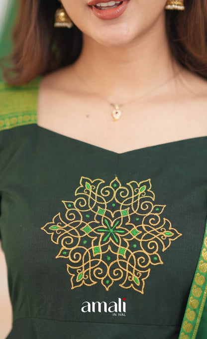 Dark Forest Green and Green Cotton Anarkali Anarkalis