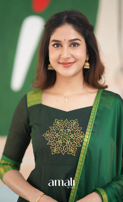 Dark Forest Green and Green Cotton Anarkali Anarkalis