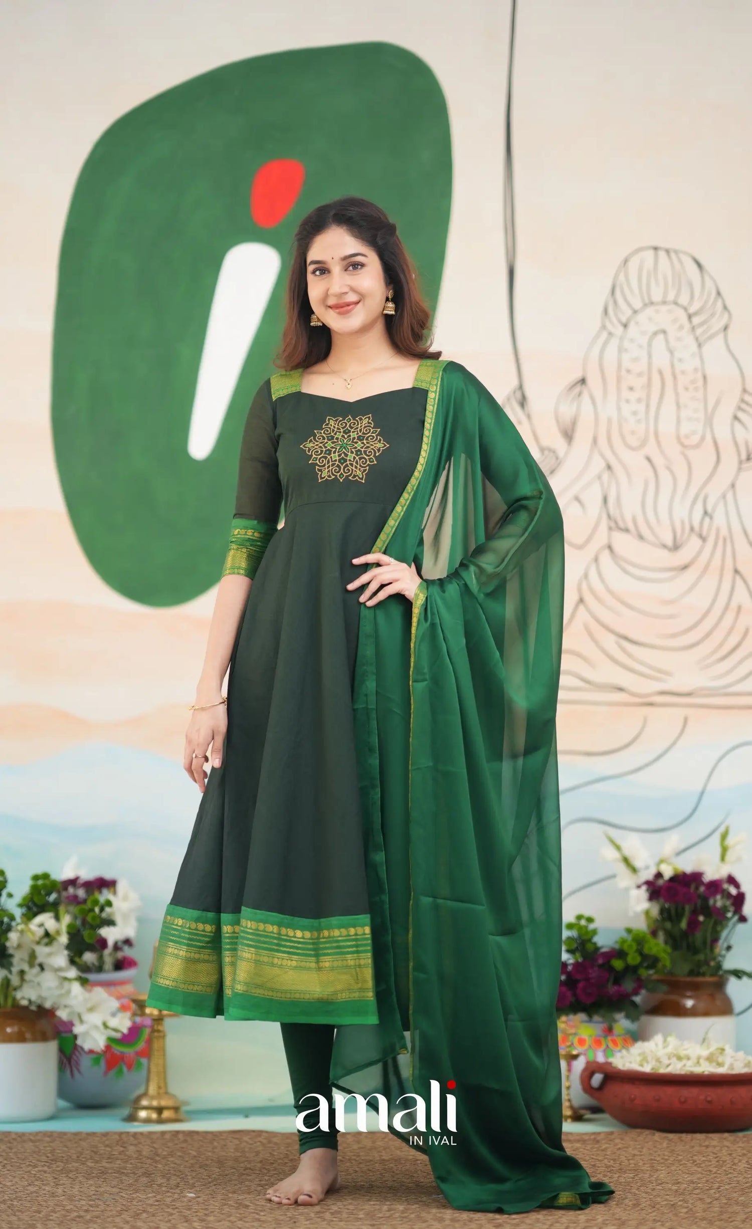 Dark Forest Green and Green Cotton Anarkali Anarkalis