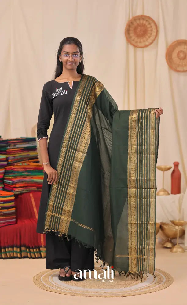 Dark Forest Green With Gold Chettinad Cotton Dupatta salwar