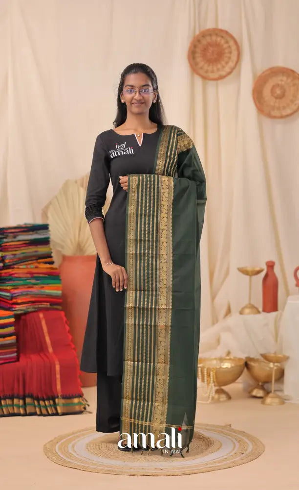 Dark Forest Green With Gold Chettinad Cotton Dupatta salwar