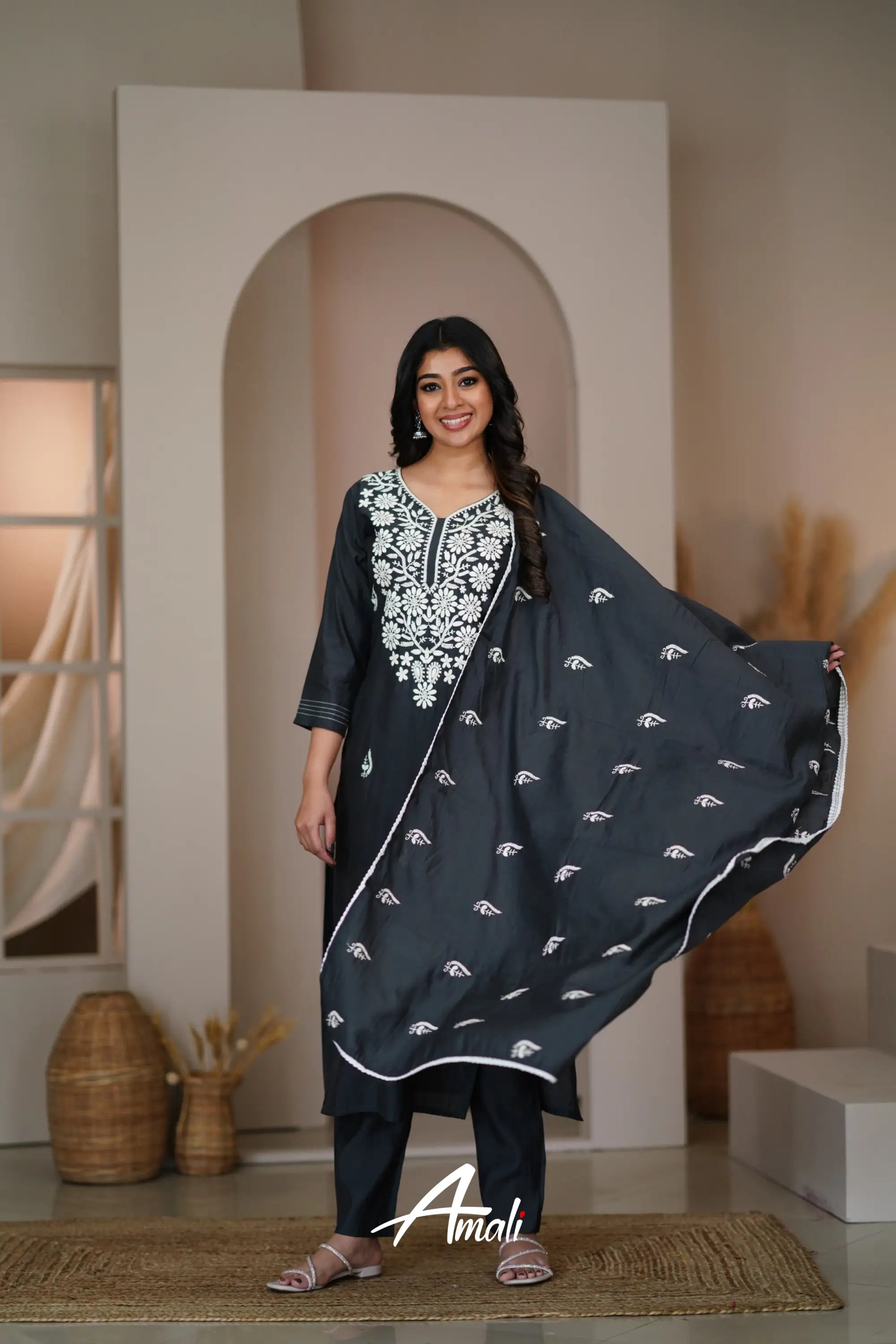 Dark Gray Black Mulmul Cotton Salwar Anarkalis